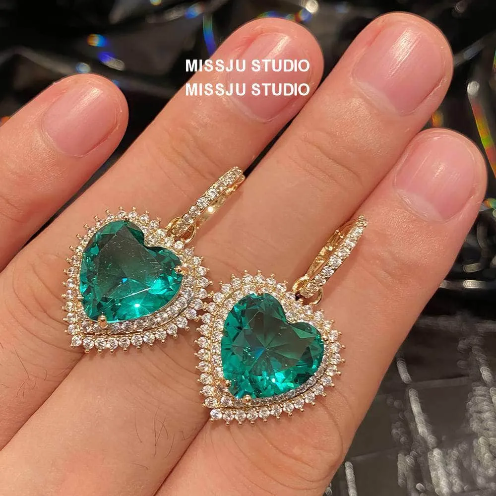 Heart Shaped Paved Crystal Emerald Hoop Earrings