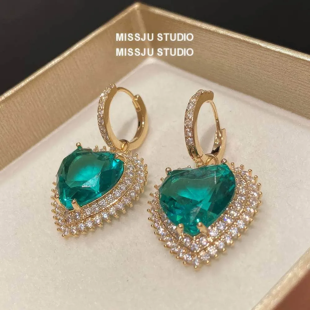 Heart Shaped Paved Crystal Emerald Hoop Earrings