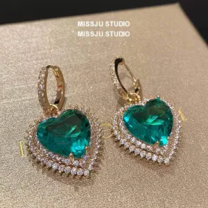 Heart Shaped Paved Crystal Emerald Hoop Earrings