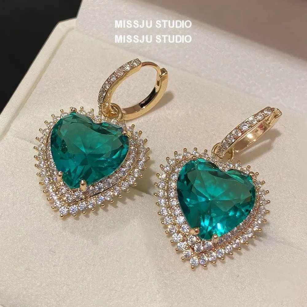 Heart Shaped Paved Crystal Emerald Hoop Earrings