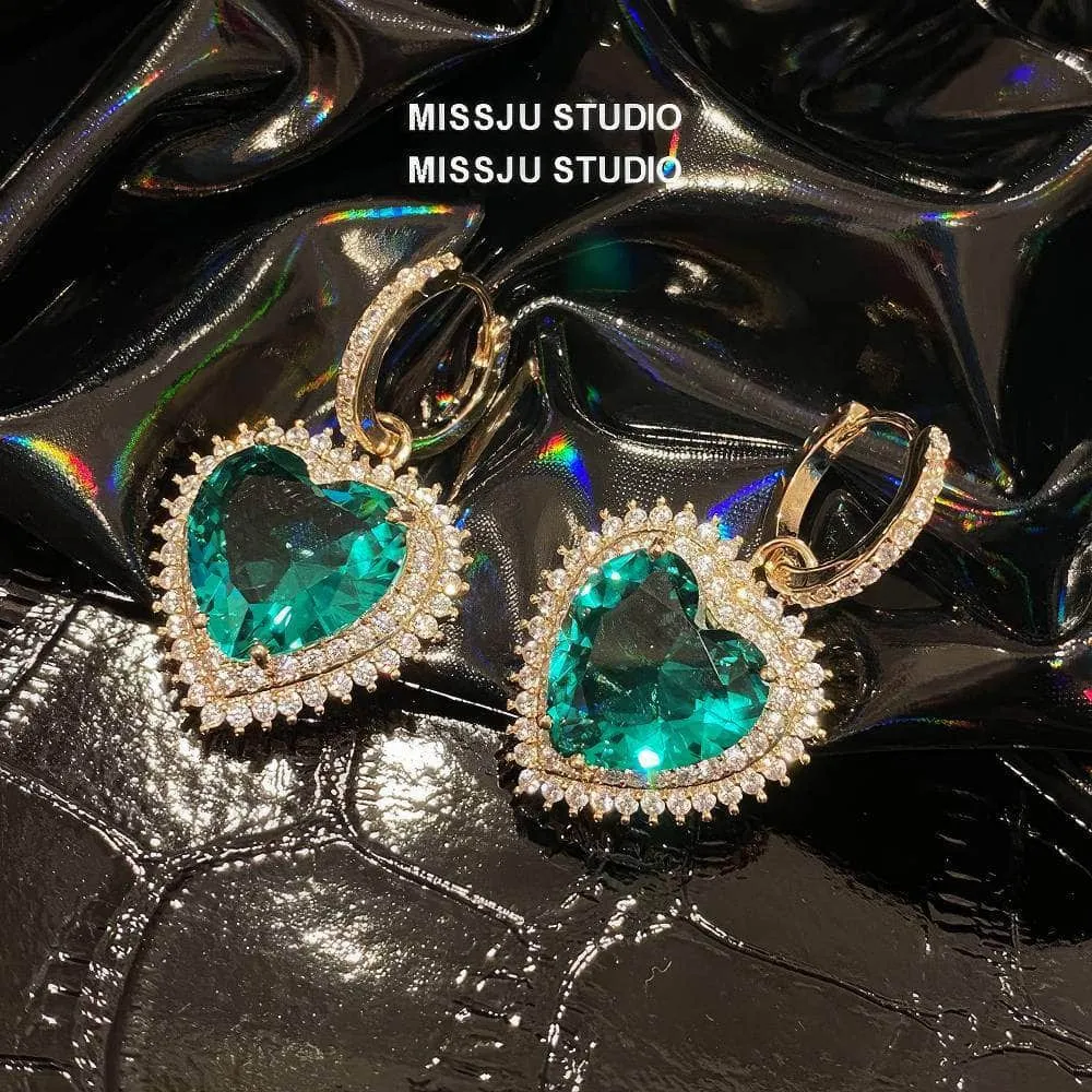 Heart Shaped Paved Crystal Emerald Hoop Earrings