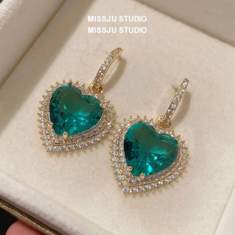 Heart Shaped Paved Crystal Emerald Hoop Earrings
