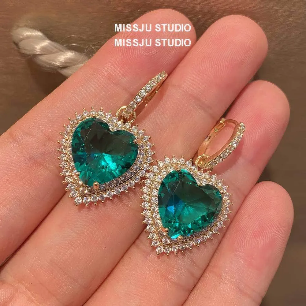 Heart Shaped Paved Crystal Emerald Hoop Earrings