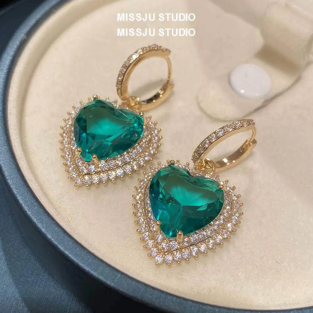 Heart Shaped Paved Crystal Emerald Hoop Earrings