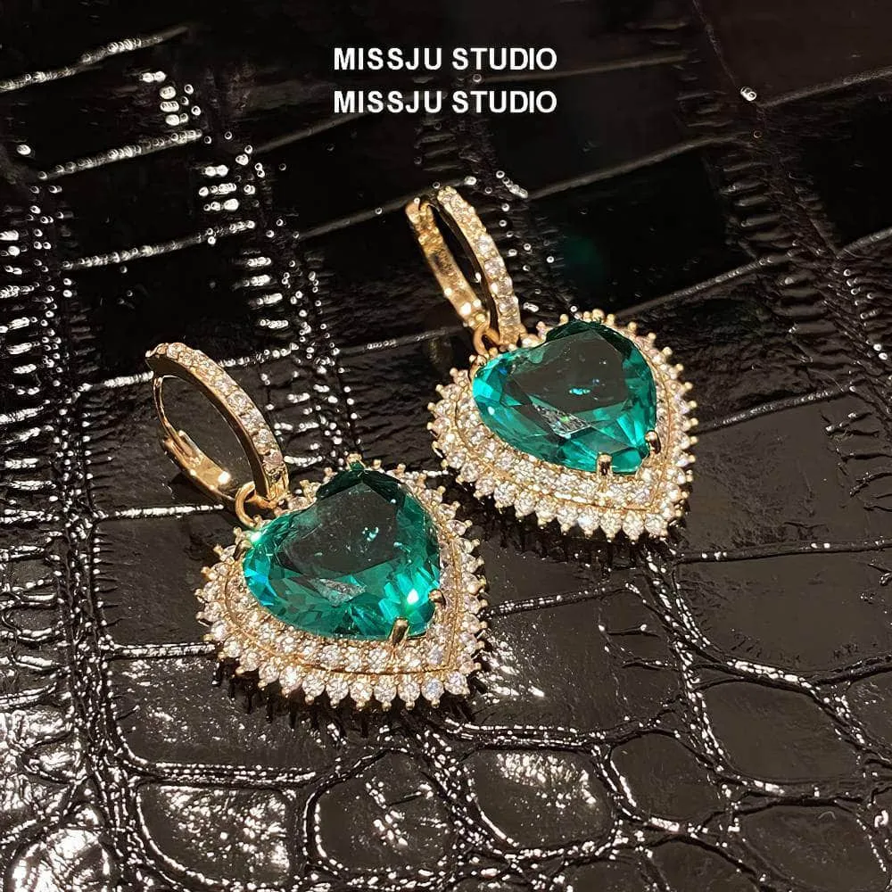 Heart Shaped Paved Crystal Emerald Hoop Earrings