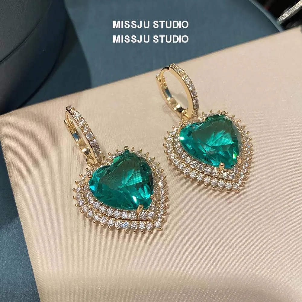 Heart Shaped Paved Crystal Emerald Hoop Earrings