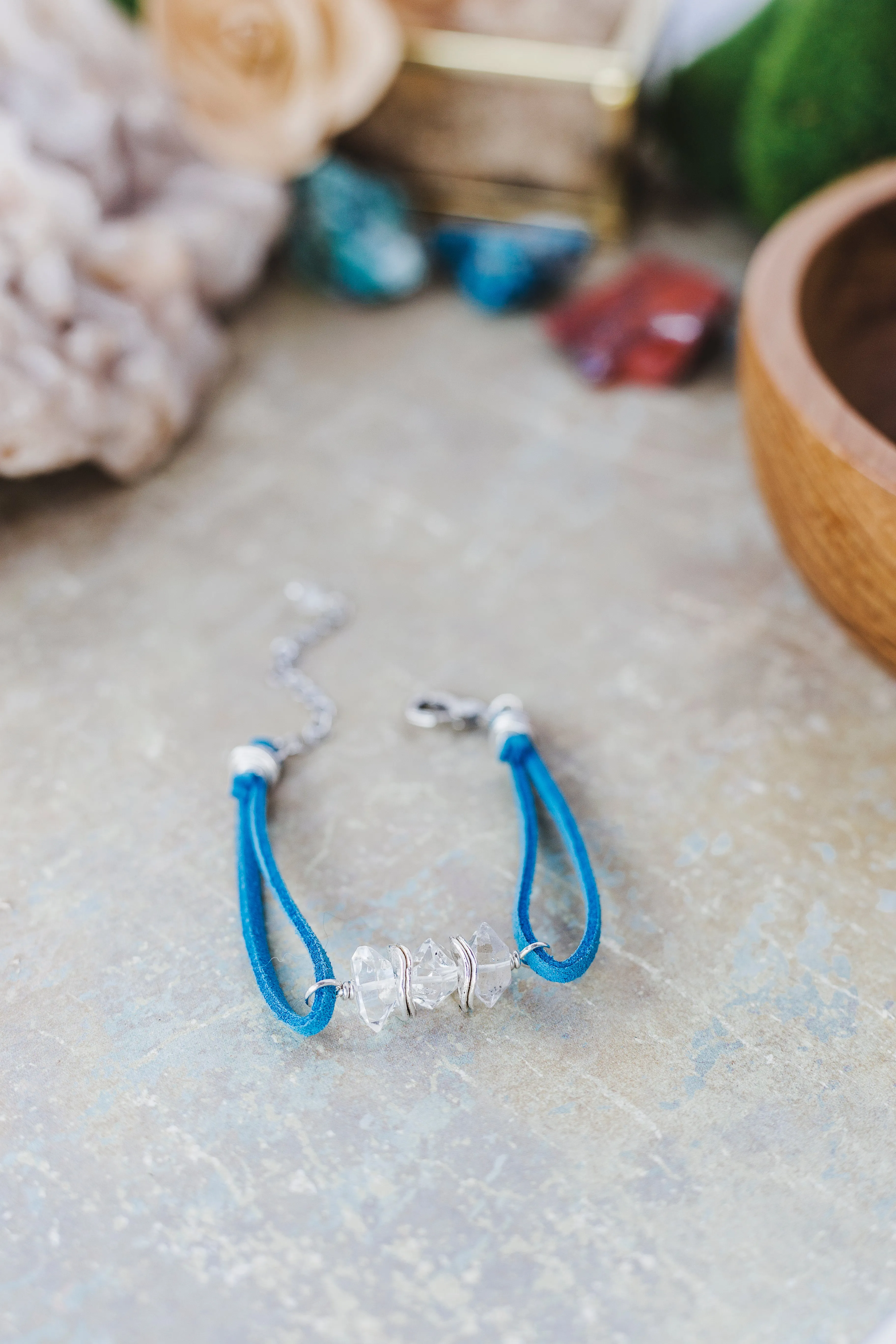Herkimer Diamond Quartz Sterling Silver Suede Bracelet