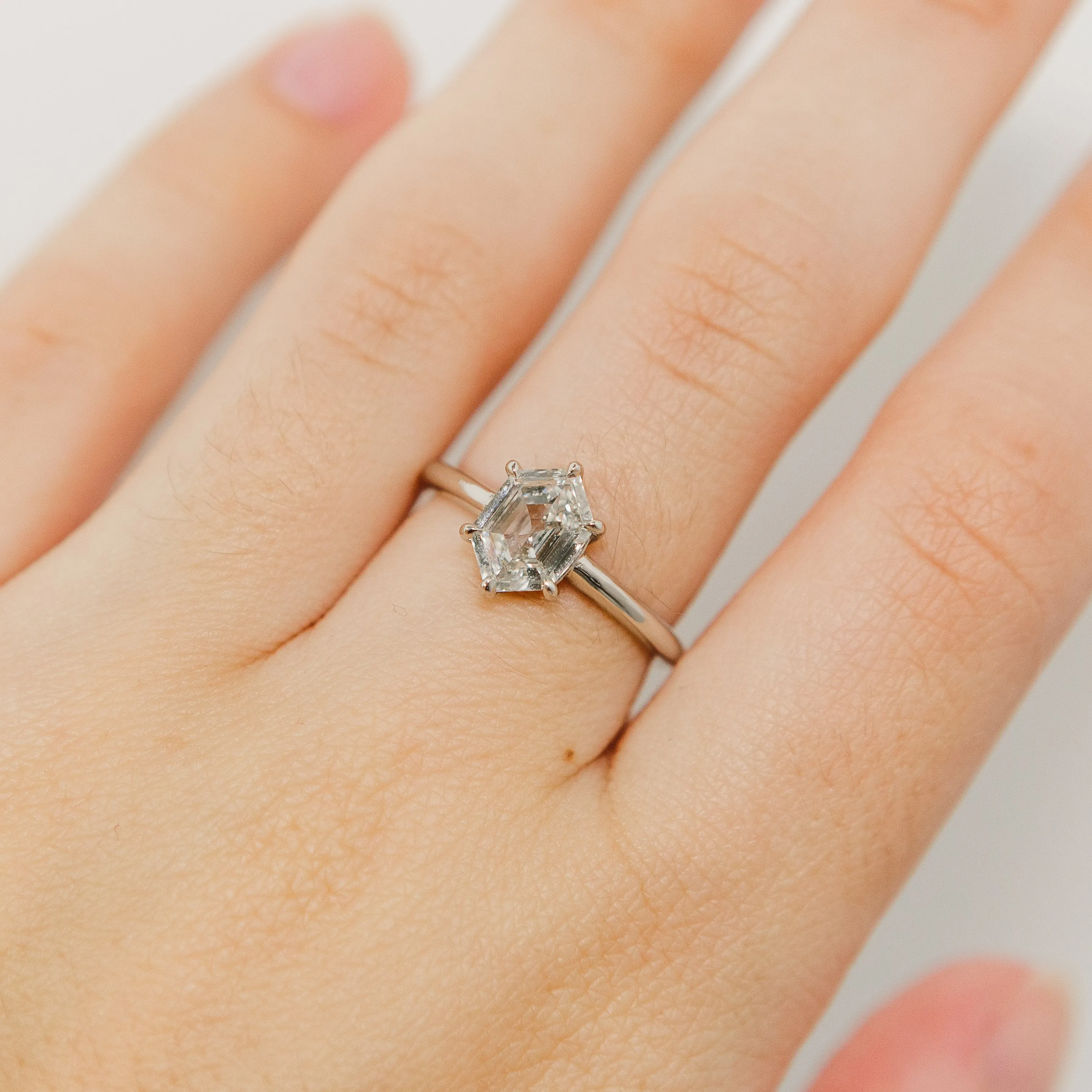 Hexagon Diamond Solitare Engagement Ring in Platinum
