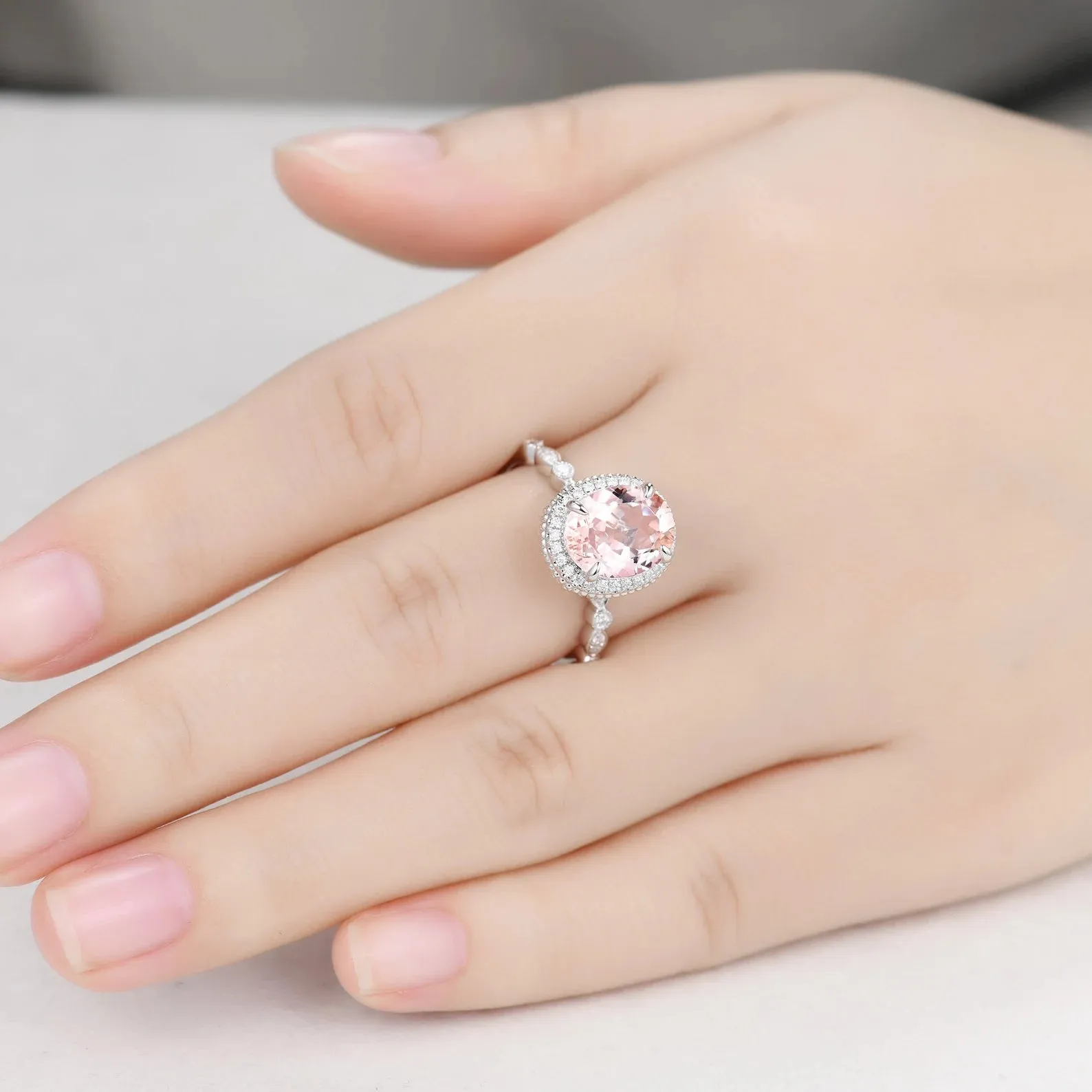 Hidden Halo 8x10mm Vintage Oval Peach Morganite Engagement Ring Rose Gold Art Deco Ring