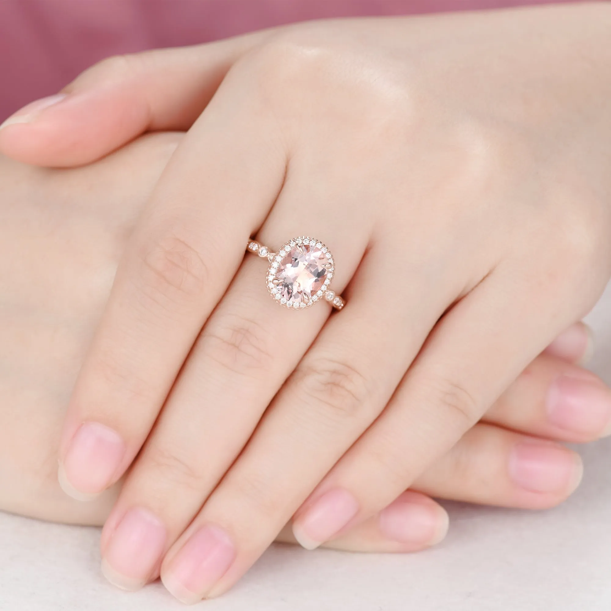 Hidden Halo 8x10mm Vintage Oval Peach Morganite Engagement Ring Rose Gold Art Deco Ring
