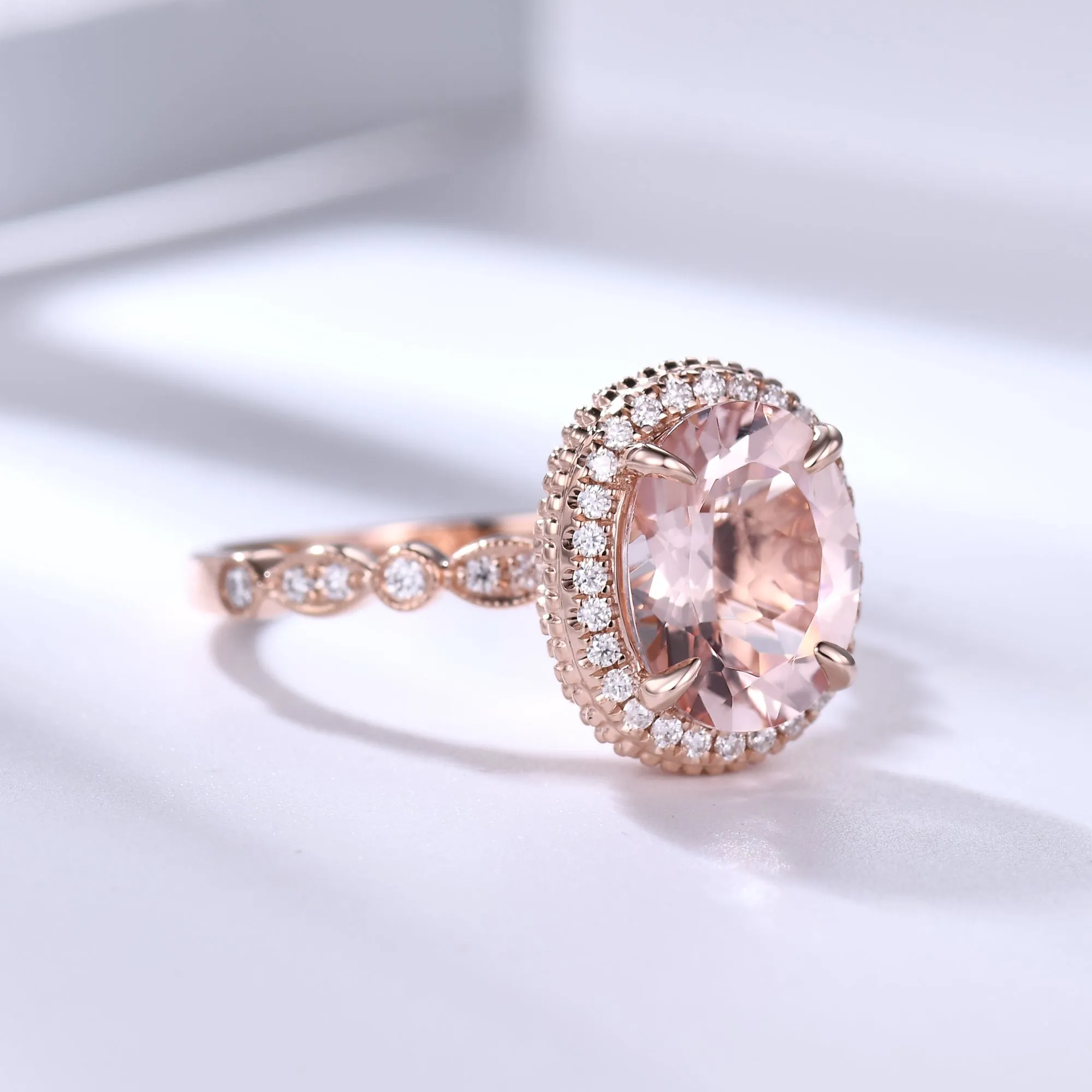 Hidden Halo 8x10mm Vintage Oval Peach Morganite Engagement Ring Rose Gold Art Deco Ring