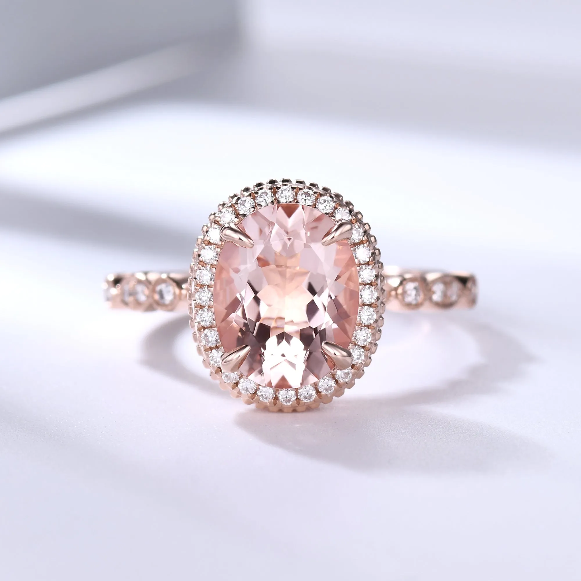 Hidden Halo 8x10mm Vintage Oval Peach Morganite Engagement Ring Rose Gold Art Deco Ring