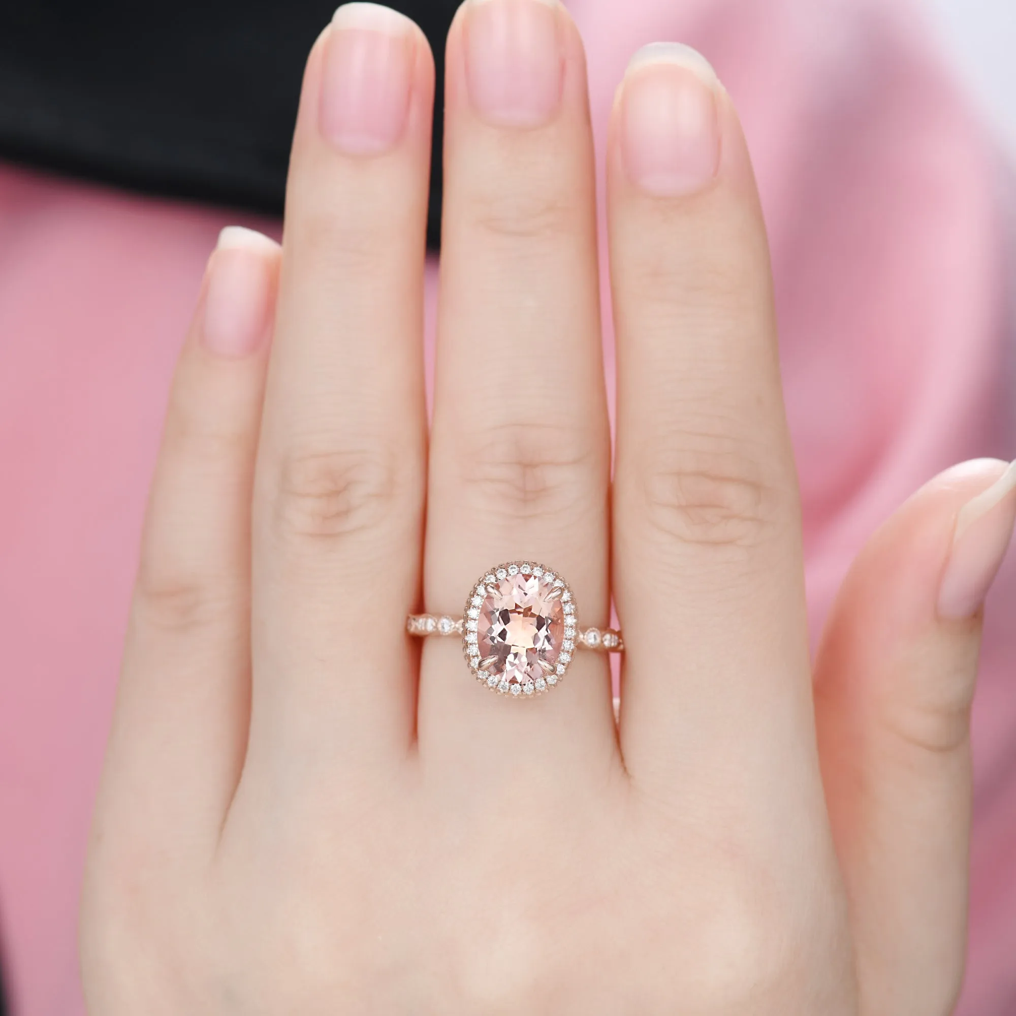 Hidden Halo 8x10mm Vintage Oval Peach Morganite Engagement Ring Rose Gold Art Deco Ring