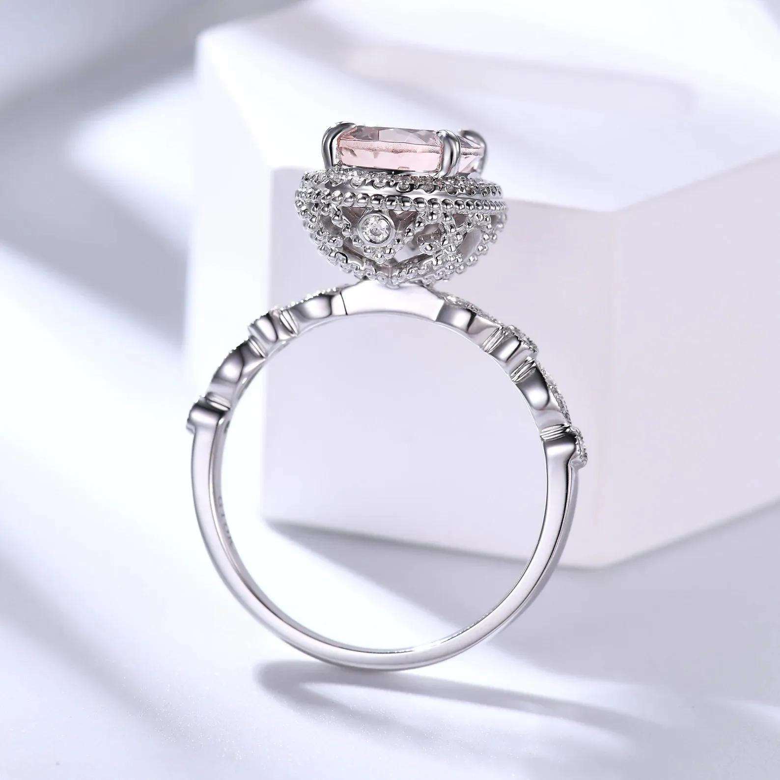 Hidden Halo 8x10mm Vintage Oval Peach Morganite Engagement Ring Rose Gold Art Deco Ring