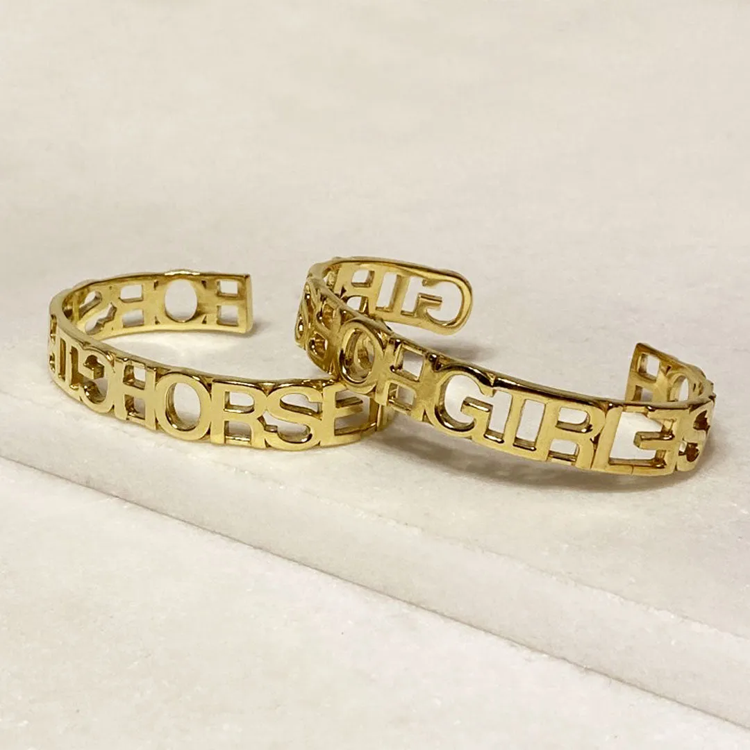 Horse Girl - Bold Cut Out Letters and 14K Gold on Brass Cuff Bracelet