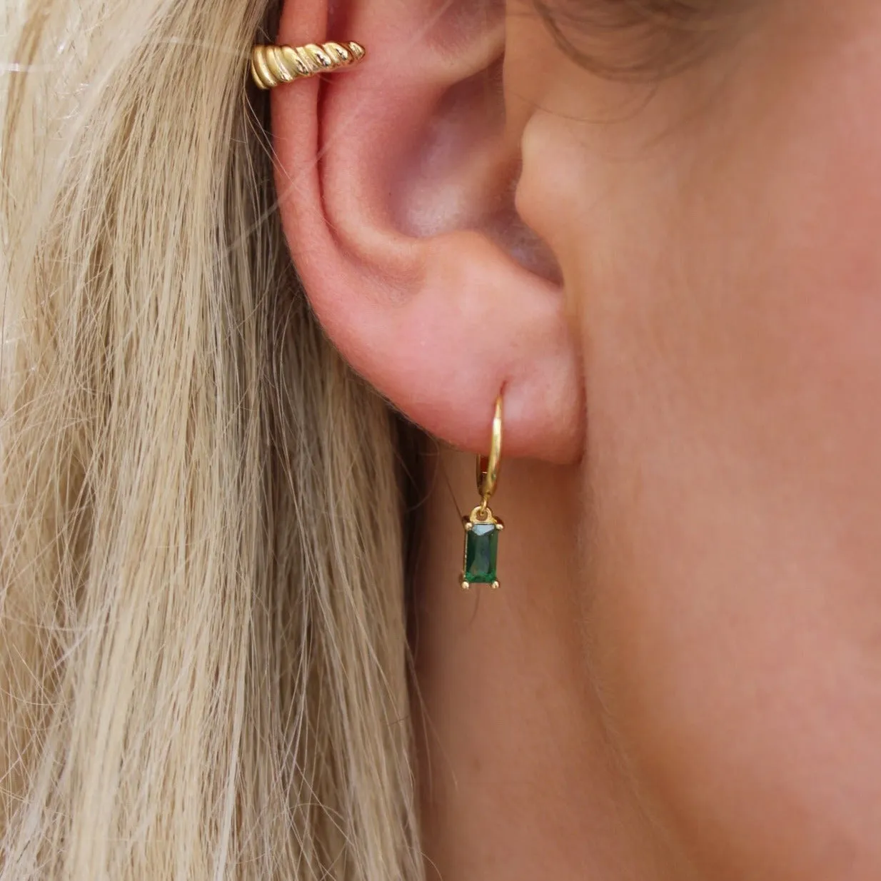Hunter Huggie Earrings with Dangle (Emerald)