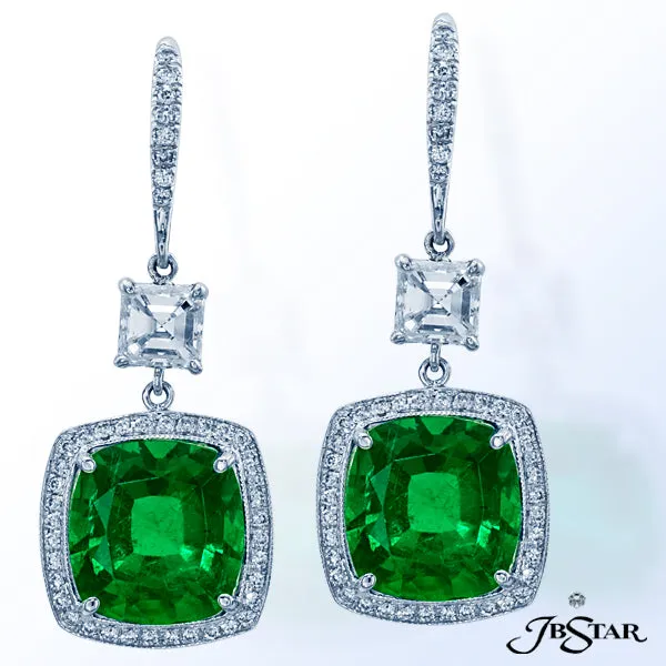 JB STAR MAGNIFICENT EMERALD AND DIAMOND EARRINGS FEATURING STUNNING 8.58 CTW CUSHION EMERALDS EDGED