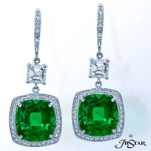 JB STAR MAGNIFICENT EMERALD AND DIAMOND EARRINGS FEATURING STUNNING 8.58 CTW CUSHION EMERALDS EDGED