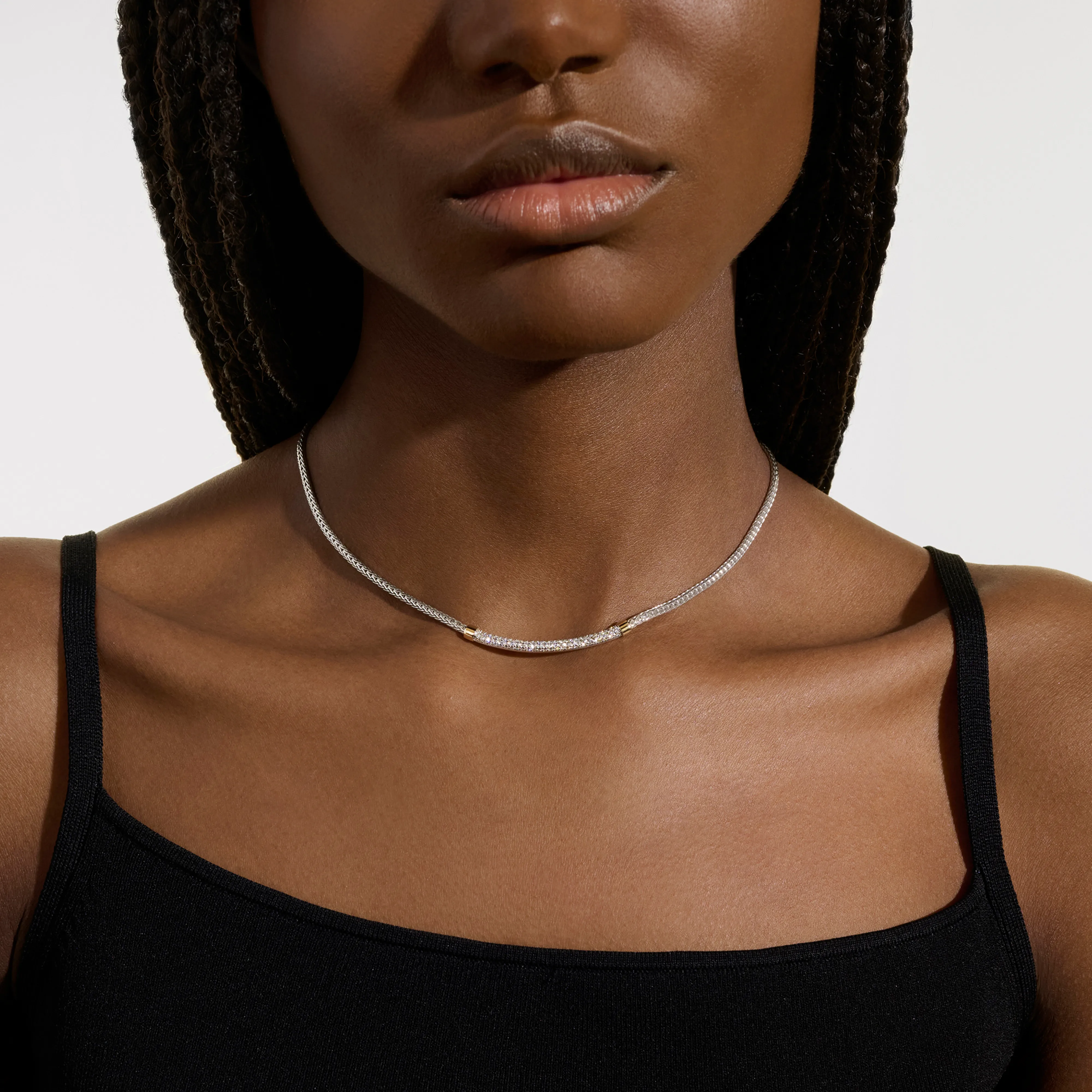 John Hardy Essentials Mixed Metals Pavé Diamond Bar Necklace