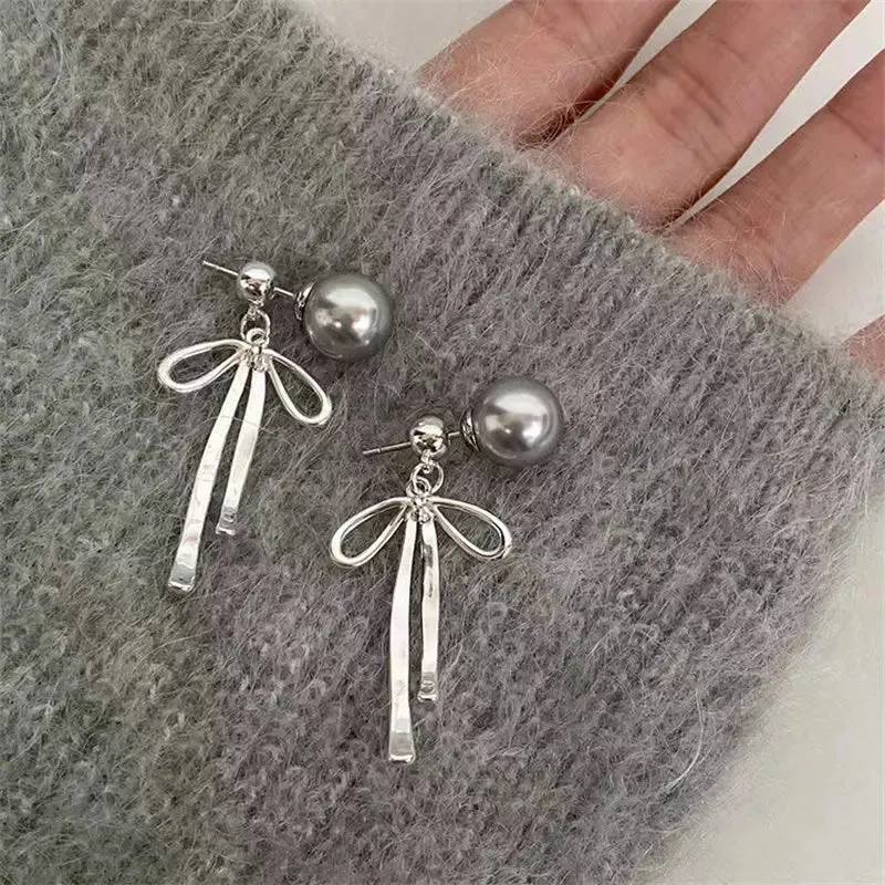 Kawaii Grey Pearl Bow Necklace & Earrings Set 🌸✨ Cute Handmade Jewelry for Trendy Women