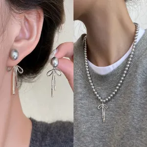 Kawaii Grey Pearl Bow Necklace & Earrings Set 🌸✨ Cute Handmade Jewelry for Trendy Women