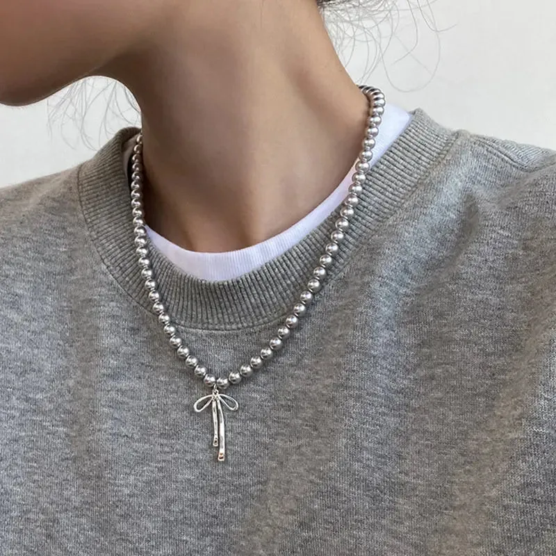 Kawaii Grey Pearl Bow Necklace & Earrings Set 🌸✨ Cute Handmade Jewelry for Trendy Women
