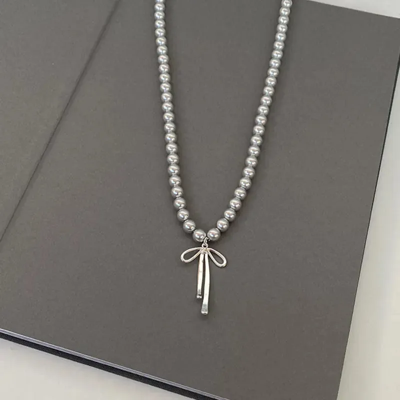 Kawaii Grey Pearl Bow Necklace & Earrings Set 🌸✨ Cute Handmade Jewelry for Trendy Women