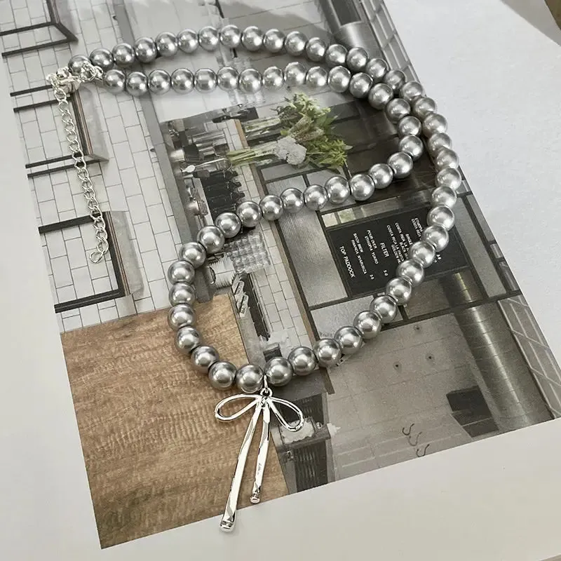 Kawaii Grey Pearl Bow Necklace & Earrings Set 🌸✨ Cute Handmade Jewelry for Trendy Women