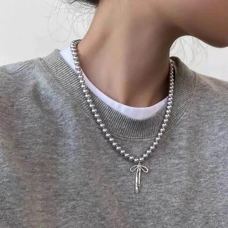Kawaii Grey Pearl Bow Necklace & Earrings Set 🌸✨ Cute Handmade Jewelry for Trendy Women