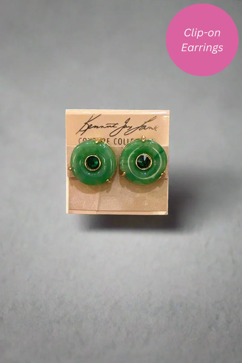 Kenneth Jay Lane Jade with Emerald Center Clip Earrings
