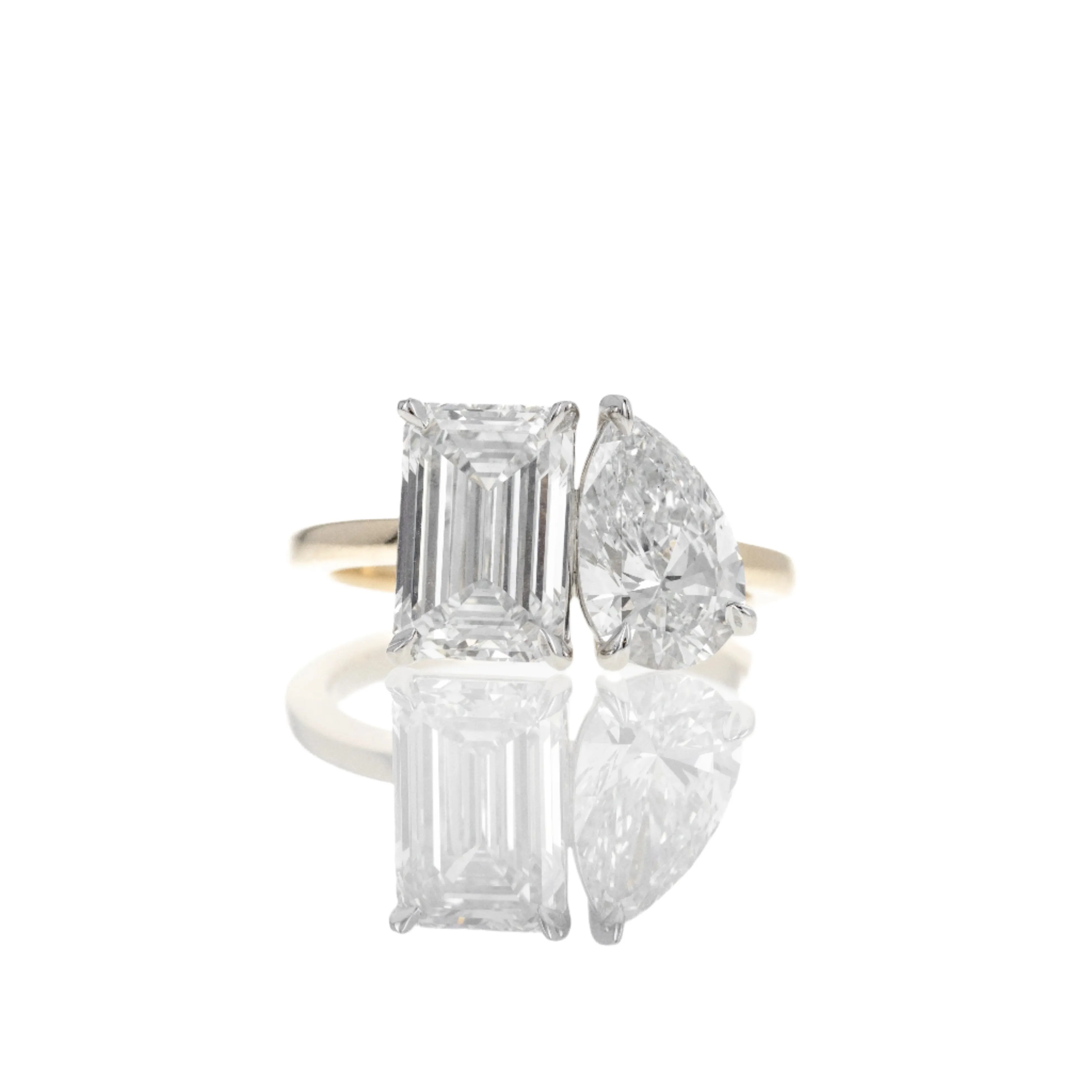 Lab Grown 4.76 Carat Pear and Emerald Cut Diamond Two Stone Ring