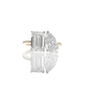 Lab Grown 4.76 Carat Pear and Emerald Cut Diamond Two Stone Ring