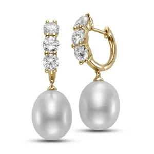 Lab Grown Diamond Hoop Dangle Pearl Earrings