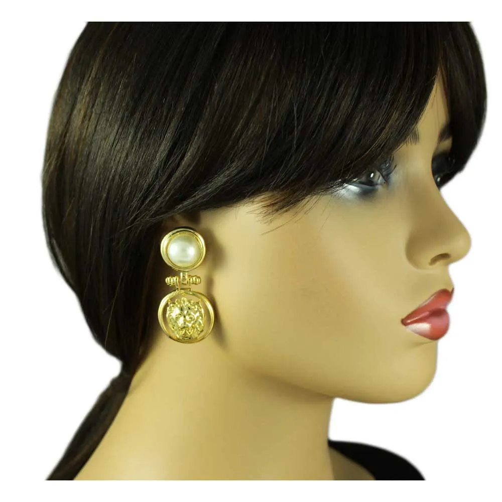 Large White Pearl with Lion Head Doorknocker Earring - PE550