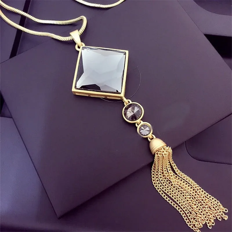 Lemon Value Charms 18K Gold Tassels Long Necklace Vintage Punk Triangle Crystal Pendant Necklaces Women Jewelry Gift TP041