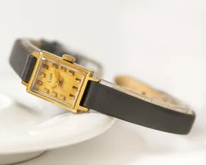 Limited edition women watch rectangular Ray, gold plated women watch stripy dial, lady wristwatch jewelry small, new genuine leather strap