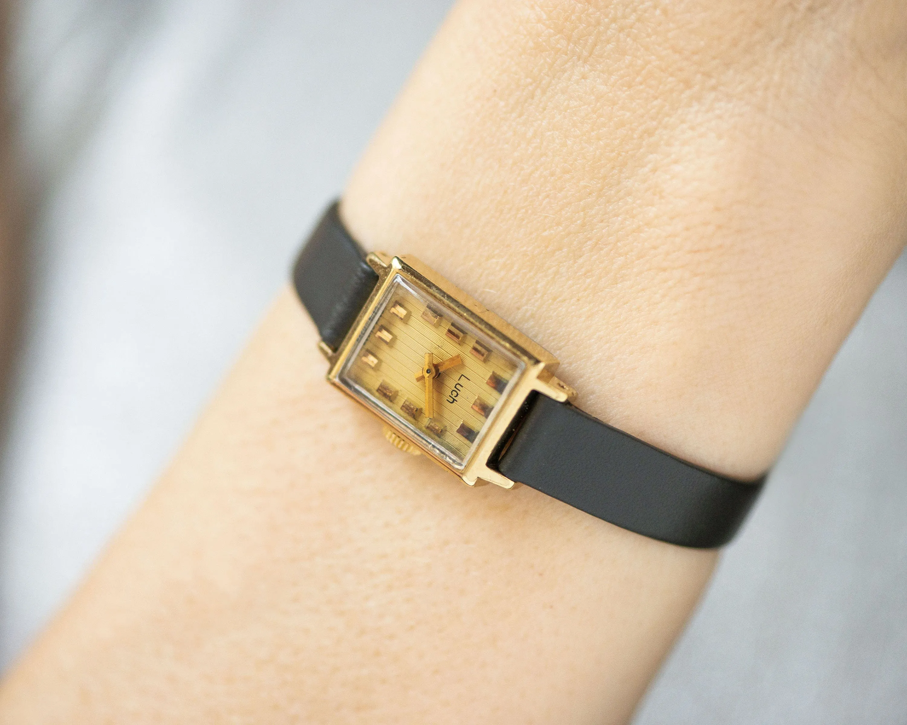 Limited edition women watch rectangular Ray, gold plated women watch stripy dial, lady wristwatch jewelry small, new genuine leather strap