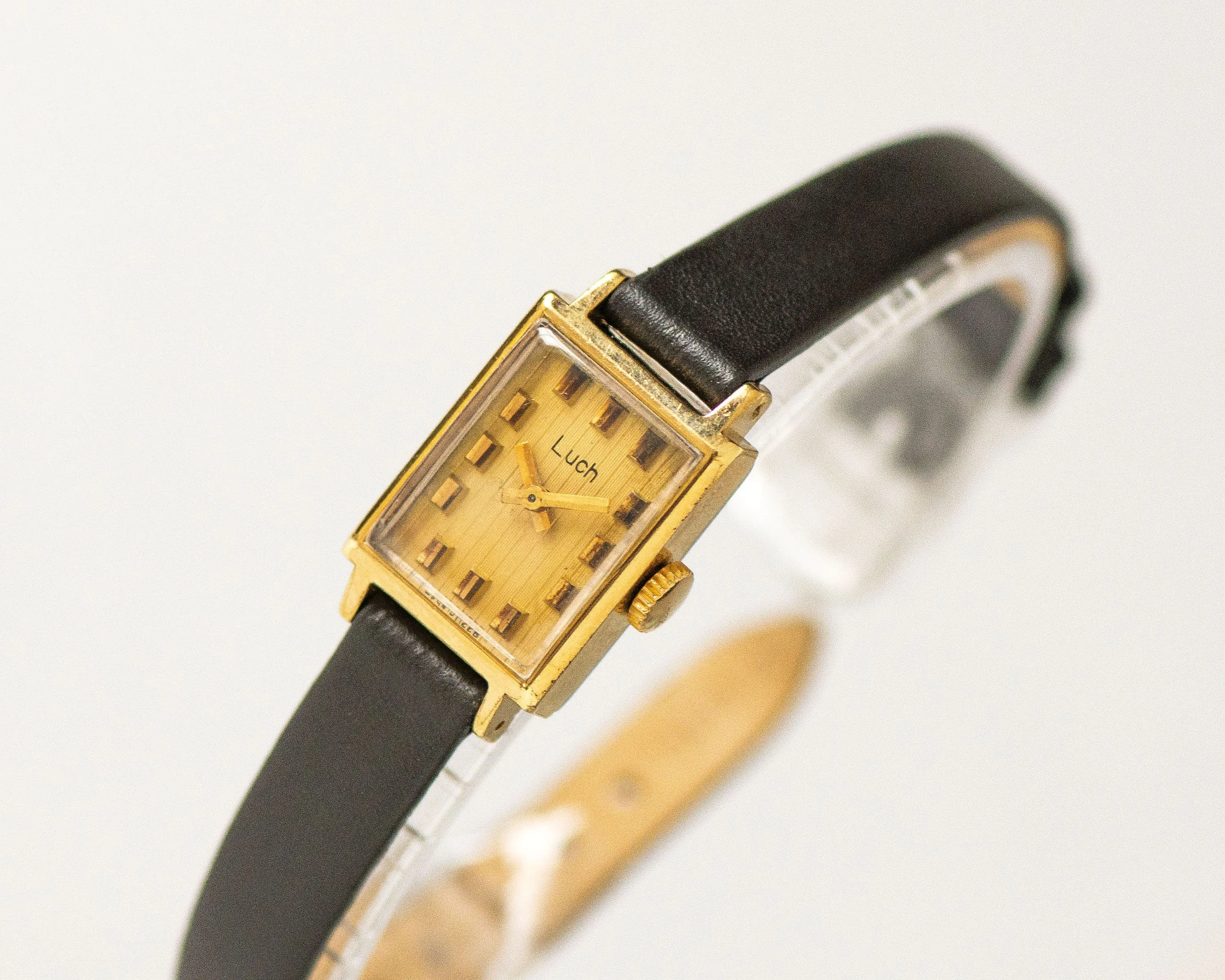 Limited edition women watch rectangular Ray, gold plated women watch stripy dial, lady wristwatch jewelry small, new genuine leather strap