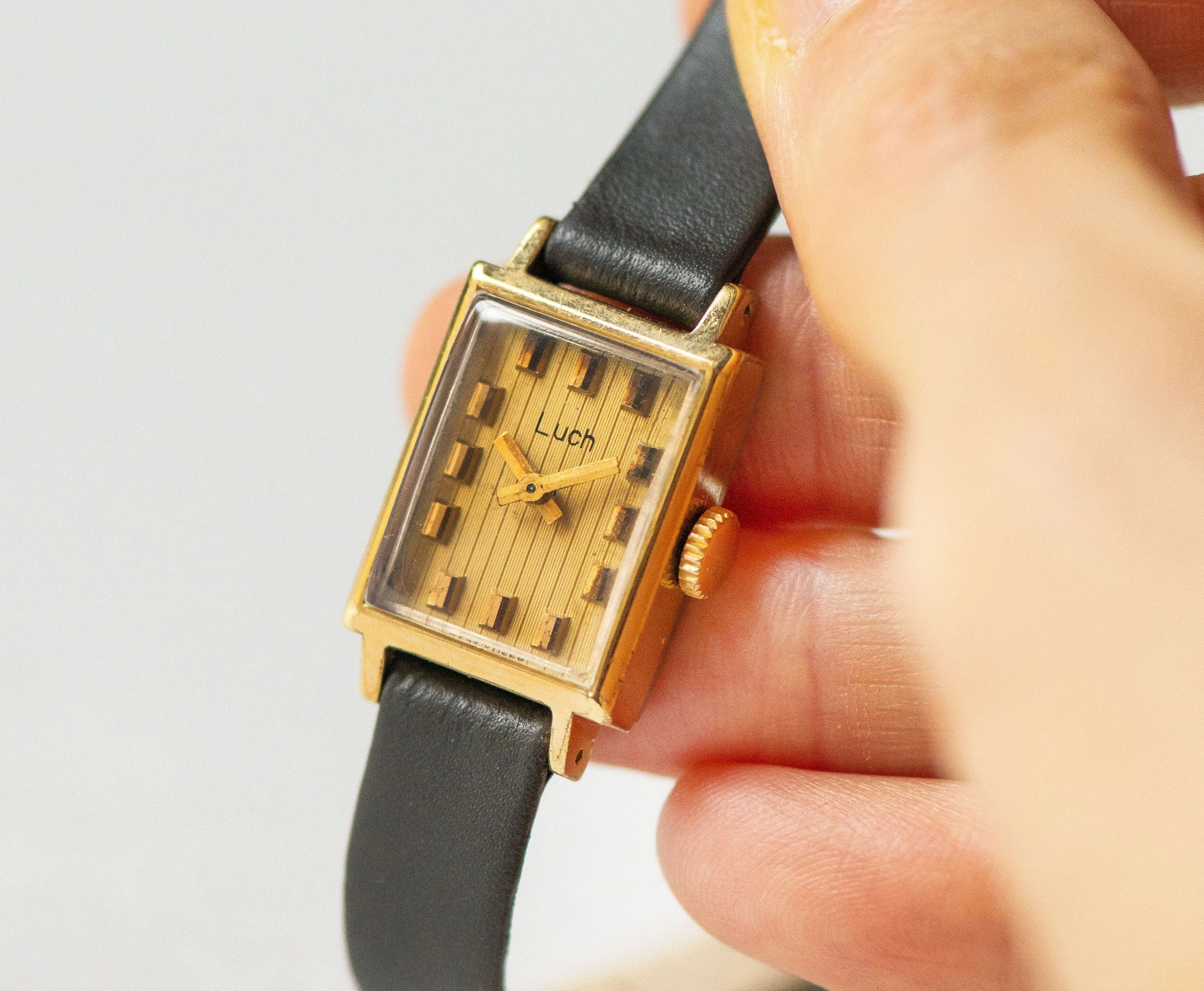 Limited edition women watch rectangular Ray, gold plated women watch stripy dial, lady wristwatch jewelry small, new genuine leather strap