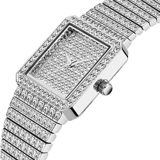 Luxury Diamond Square Watch Women 14K Yellow Gold Analog Quartz
