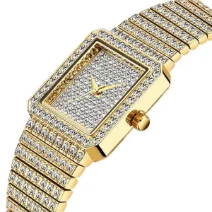 Luxury Diamond Square Watch Women 14K Yellow Gold Analog Quartz