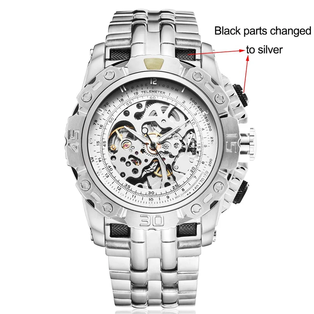 Luxury Silver Gold Automatic Mechanical Watch for Men Full Steel Skeleton Wristwatch Clock Over-Sized Big Dial Relogio Masculino