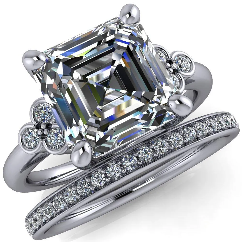 Malene Asscher Moissanite Triple Diamond Side Bezel Engagement Ring