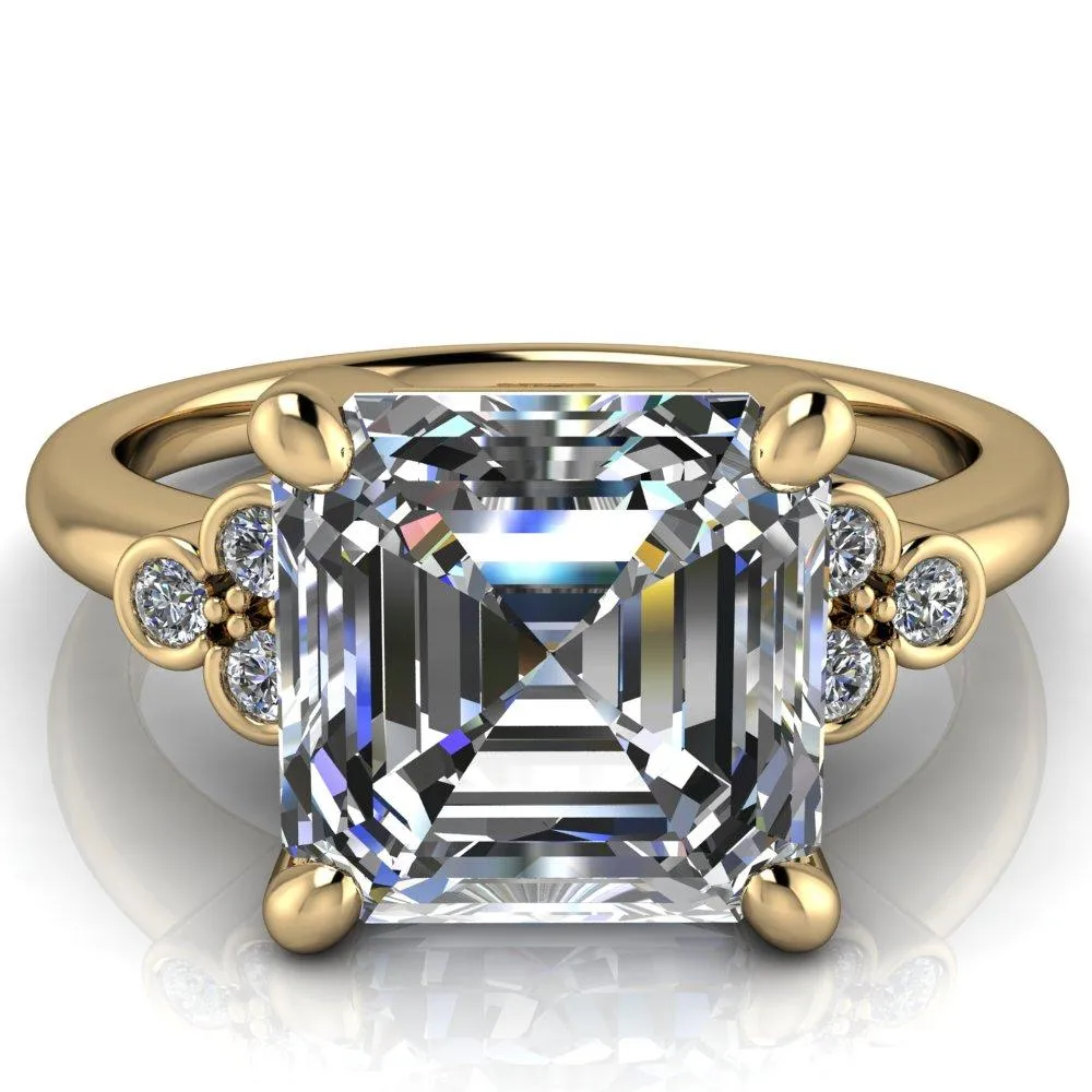 Malene Asscher Moissanite Triple Diamond Side Bezel Engagement Ring