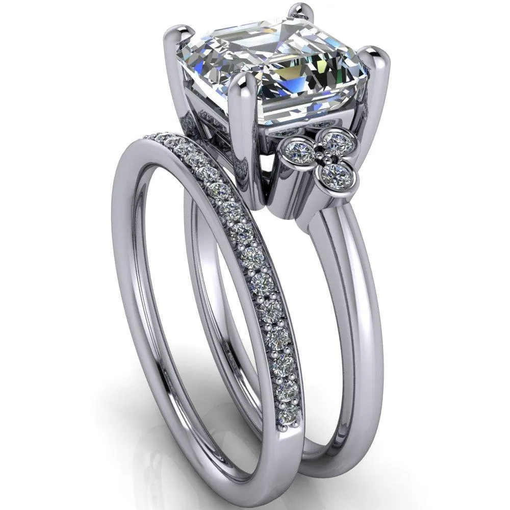 Malene Asscher Moissanite Triple Diamond Side Bezel Engagement Ring