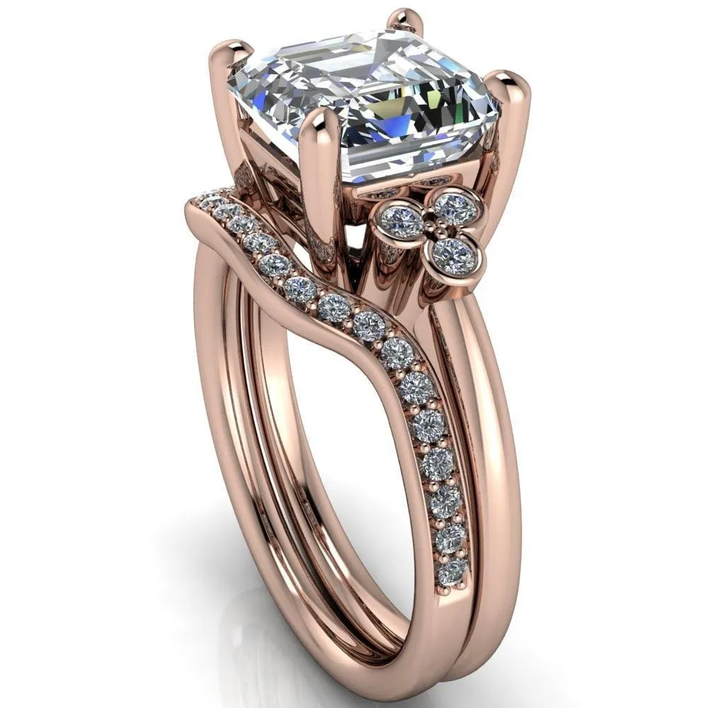 Malene Asscher Moissanite Triple Diamond Side Bezel Engagement Ring
