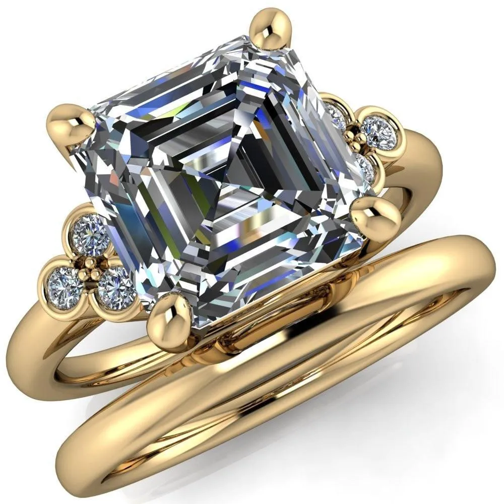 Malene Asscher Moissanite Triple Diamond Side Bezel Engagement Ring