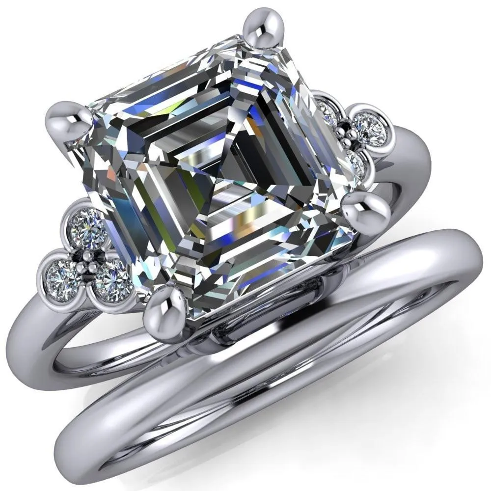 Malene Asscher Moissanite Triple Diamond Side Bezel Engagement Ring