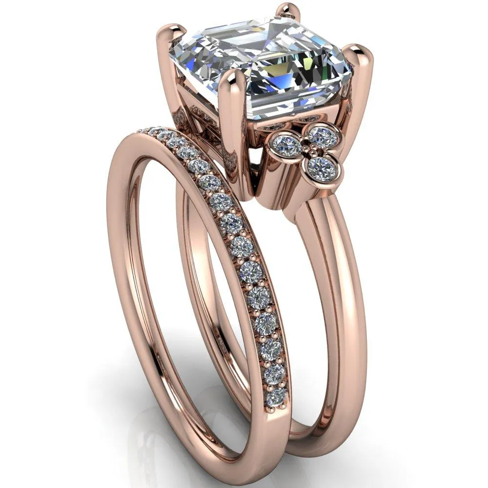 Malene Asscher Moissanite Triple Diamond Side Bezel Engagement Ring
