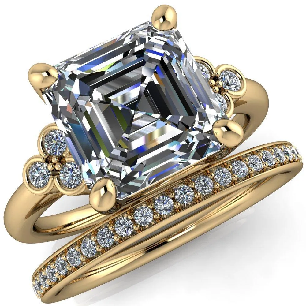 Malene Asscher Moissanite Triple Diamond Side Bezel Engagement Ring
